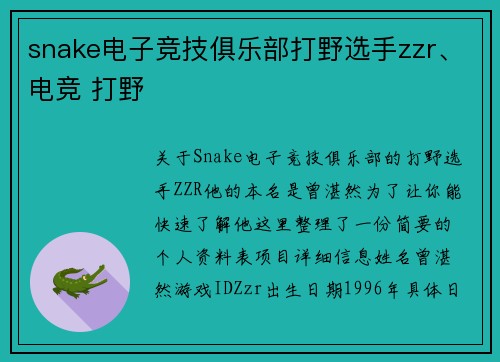 snake电子竞技俱乐部打野选手zzr、电竞 打野